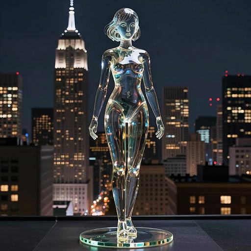 Transparent Glass Sculpture of Female Figure with NYC Skyline