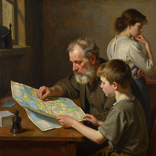 Oil painting of an elderly bearded man, young boy, and woman examining a map in a dimly lit, rustic room.