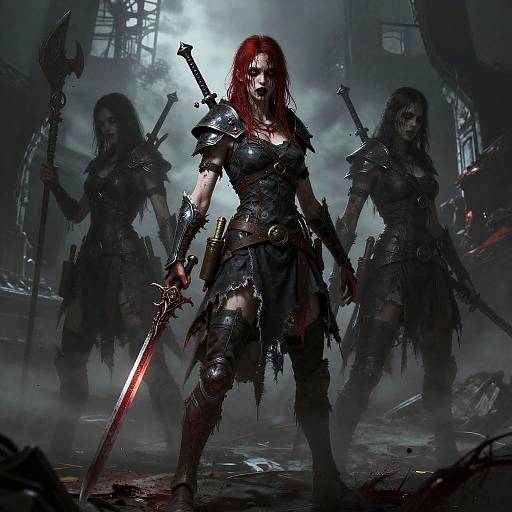 Digital artwork of three fierce, red-haired warrior women in dark, tattered armor wielding swords, standing in a misty, blood-stained, industrial