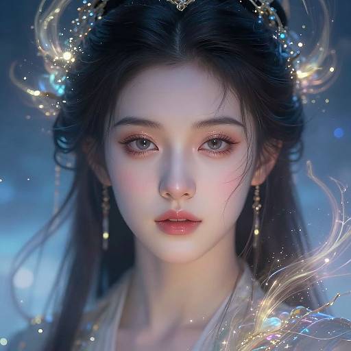 Digital portrait of a beautiful, ethereal Asian woman with glowing skin, dark hair, and golden, magical lights surrounding her head.