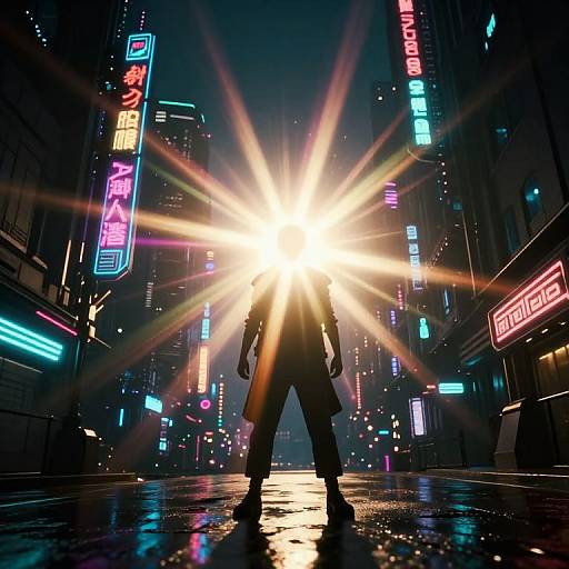 Radiant Figure in Cyberpunk Cityscape