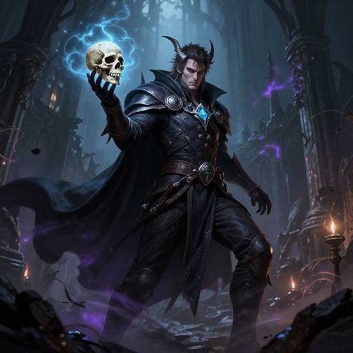 Digital fantasy artwork of a dark-haired, horned male warrior in black armor holding a glowing blue-skulled skull, set in a mysterious, blue-l