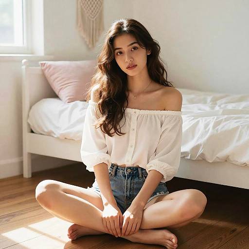 Photograph of a young woman with long brown hair, fair skin, off-shoulder white blouse, and denim shorts, sitting cross-legged on wooden