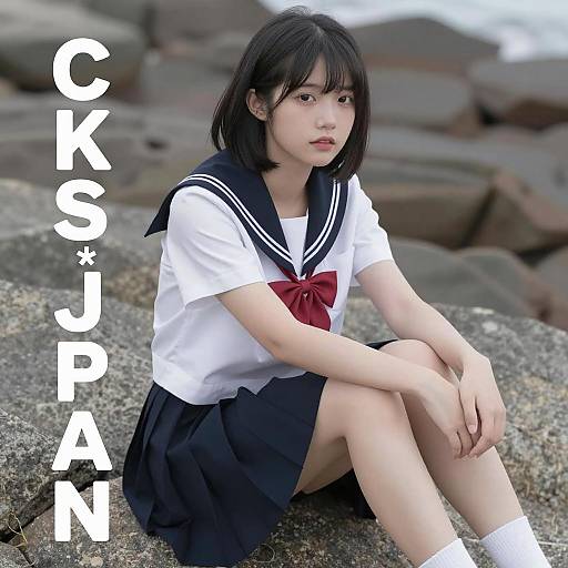 Asian Girl in Sailor Uniform on Rocks