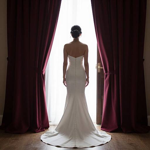 Photograph of a bride in a white strapless, backless wedding dress, standing with her back to the camera, framed by dark red curtains,