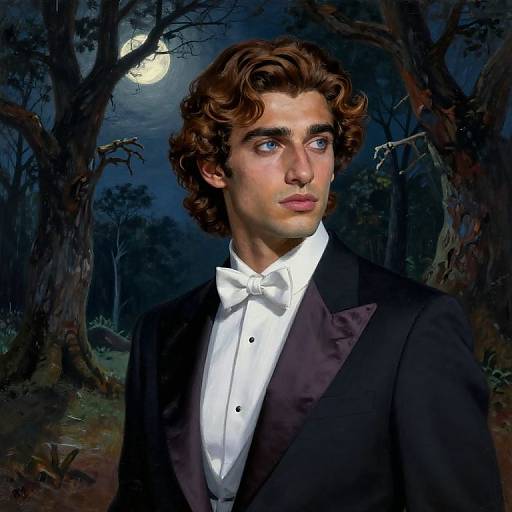 Digital painting of a handsome young man with curly brown hair, blue eyes, wearing a black tuxedo with white bow tie, under a moonlit