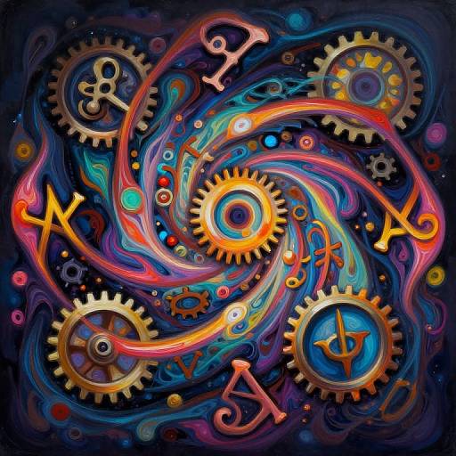 Vibrant digital art of swirling gears, zodiac symbols, and colorful fluid-like patterns on a dark cosmic background, blending steampunk and surreal