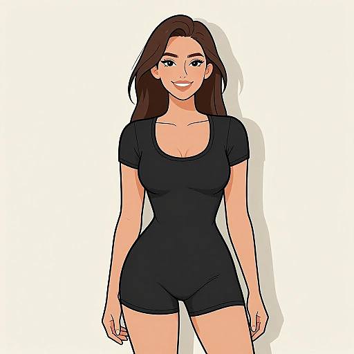Digital illustration of a smiling woman with long brown hair, wearing a tight black t-shirt and shorts, standing against a plain white background.