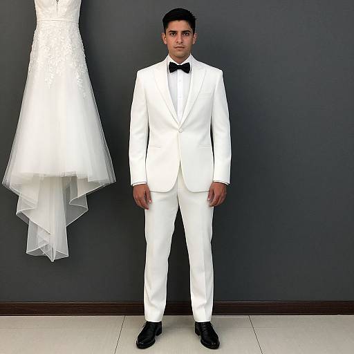 Photograph of a dark-skinned groom in a white tuxedo with black bow tie, standing against a dark gray wall, beside a white wedding