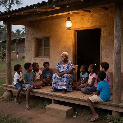 Photograph of elderly white woman with short blonde hair, wearing blue patterned dress, sitting on porch under warm light, surrounded by seven young African children