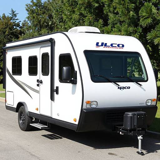 Photograph of a white UCO Winnebago travel trailer with black accents, parked on a sunny road, surrounded by green trees.