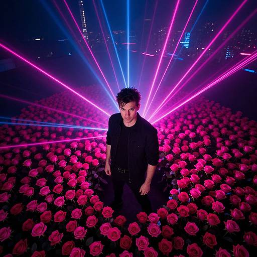 Photograph of a young man with curly hair, wearing a black shirt, standing in a vivid field of pink roses, surrounded by neon pink and blue