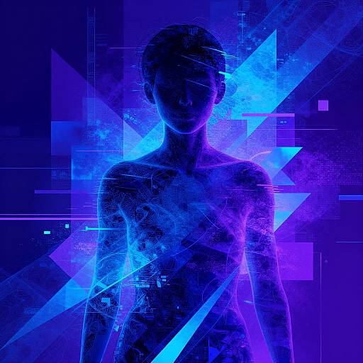 Digital art of a silhouette human figure with glowing blue and purple neon light effects, geometric shapes, and cybernetic textures.