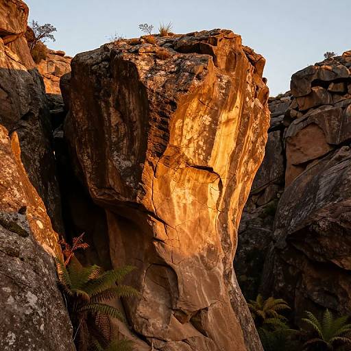 Photograph of a towering, sunlit sandstone rock formation with rugged textures, jagged edges, and small green ferns at its base.