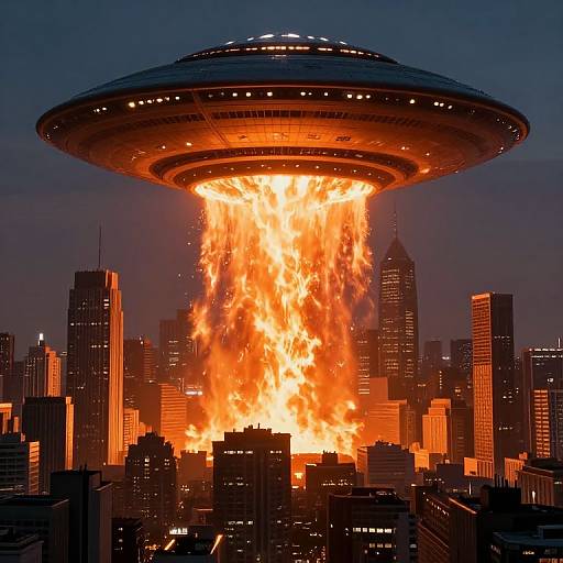Photograph-style CGI: A massive, glowing UFO hovers above a city, with a fiery, orange plume erupting from its center, sil