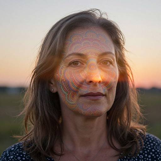 Photograph of a middle-aged woman with wavy brown hair, wearing a black polka-dot shirt, standing outdoors at sunset. Her face is adorned