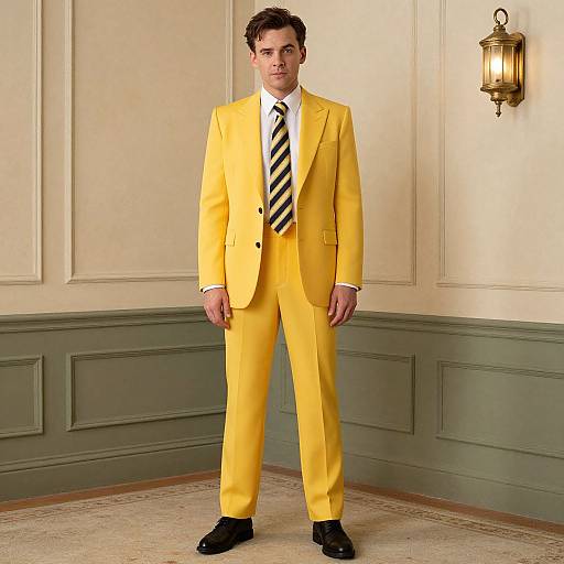 Photograph of a young man in a bright yellow suit, white shirt, black-and-yellow striped tie, and black shoes, standing in a cream-colored