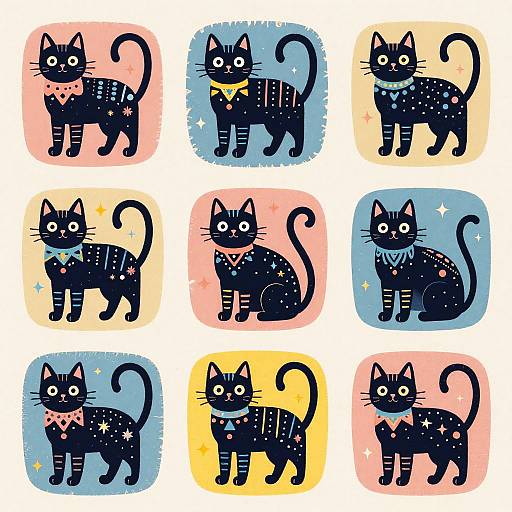 Colorful Stylized Black Cats Illustration