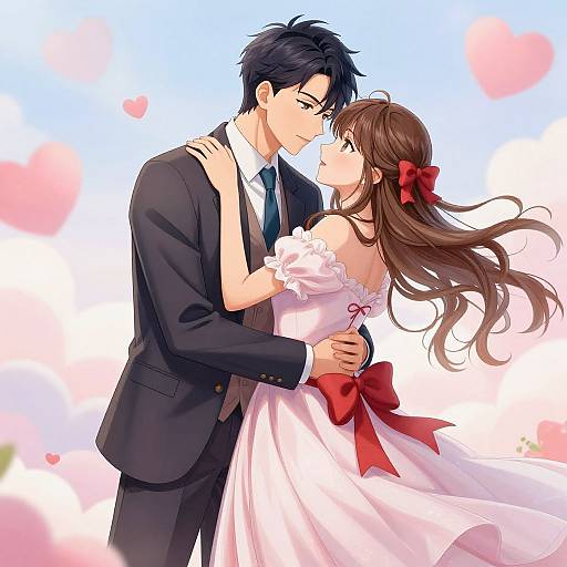 Anime-style digital drawing of a black-haired man in a suit and a brown-haired woman in a white, off-shoulder wedding dress, gently kissing