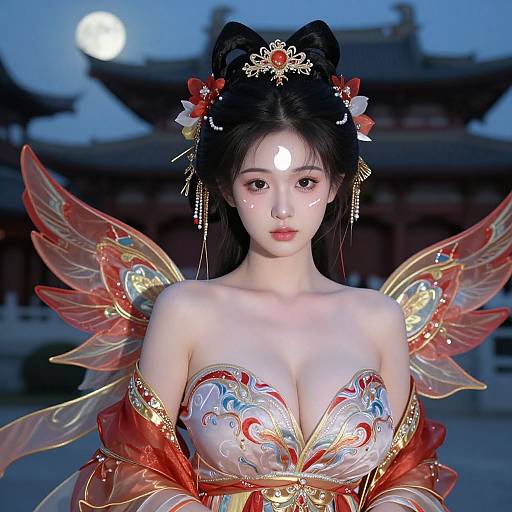 Digital artwork of an Asian woman in traditional, ornate, revealing attire with large, colorful wings, moon on forehead, and red hair ornaments, against