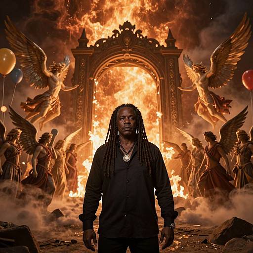 Photograph of a dark-skinned man with dreadlocks in black, standing before a blazing fiery arch with angels and statues, surrounded by smoke and colorful