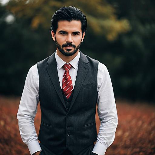 Confident Man in Formal Vest and Red Tie