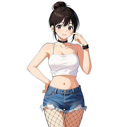 Anime-style drawing of a cute, black-haired girl with a bun, wearing a white crop top, denim shorts, fishnet stockings, black choker