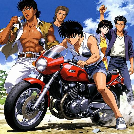 Anime-style illustration of four muscular characters with spiky hair, one on a red motorcycle, others standing confidently against a bright blue sky. Bold colors,