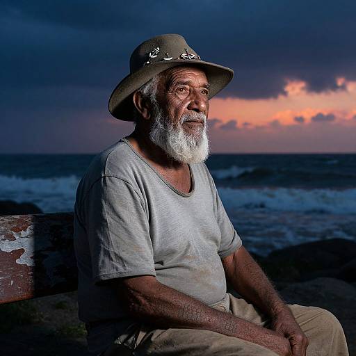 Photograph of an elderly, white-bearded man with a weathered face, wearing a beige hat and gray t-shirt, seated by a rocky shore