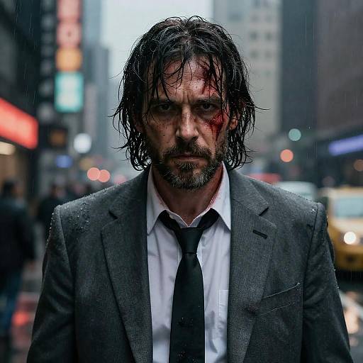 Intense Rugged Man in Rainy City