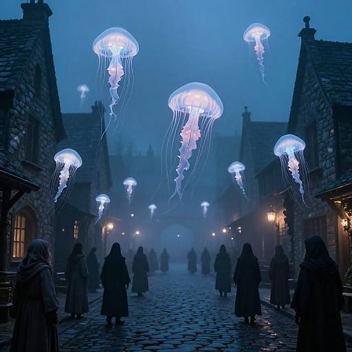 Photograph of a foggy, cobblestone street with silhouetted people, illuminated by glowing blue jellyfish lanterns hanging above medieval stone