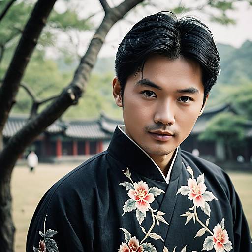 Young Asian Man in Traditional Korean Floral Hanbok