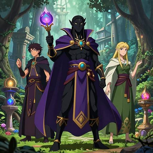 Digital anime-style drawing of three fantasy characters: a muscular black-robed dark elf with a glowing purple flame, a slender black-haired mage, and a