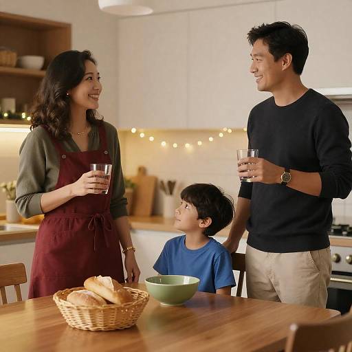 Asian family enjoying conversation in kitchen