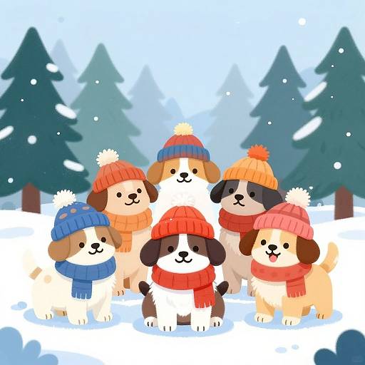 Cartoon-style digital illustration of six adorable dogs in colorful knit hats and scarves, standing in snowy forest, with snowflakes falling.
