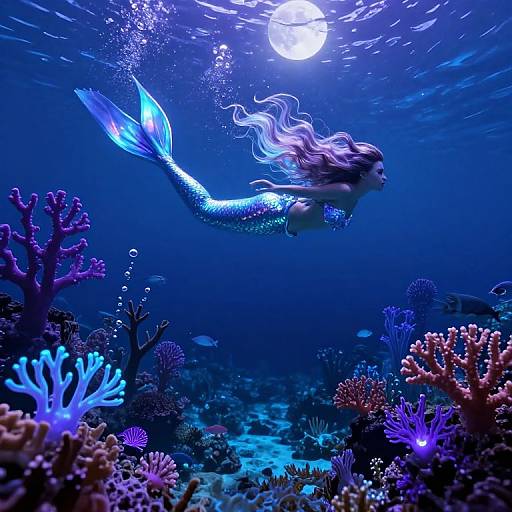 Digital artwork of a glowing blue mermaid with flowing hair, swimming underwater beneath a full moon, surrounded by vibrant purple, blue, and pink coral reefs