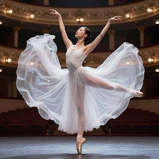 Photograph of a graceful ballerina in a flowing white tutu, en pointe, with arms raised, illuminated on a grand stage.