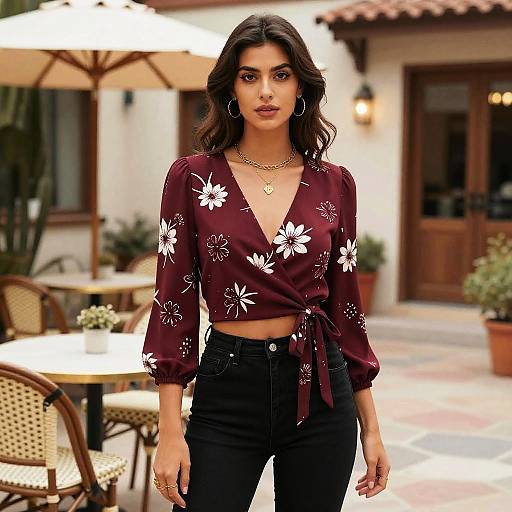 Photograph of a woman with dark wavy hair, wearing a maroon floral blouse tied at the waist, black high-waisted jeans, gold