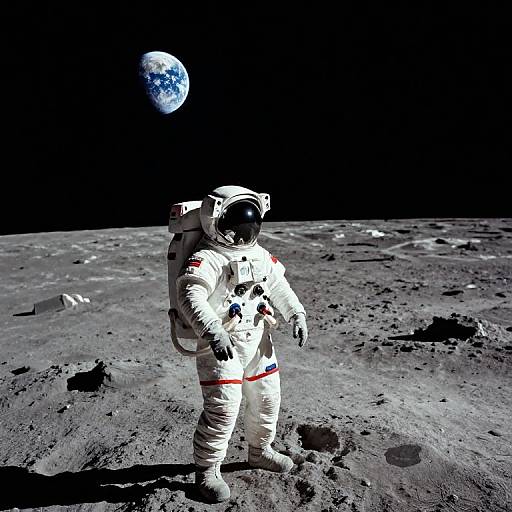 Photorealistic image of an astronaut in white spacesuit with red stripes, standing on moon's gray, cratered surface, looking up at Earth in