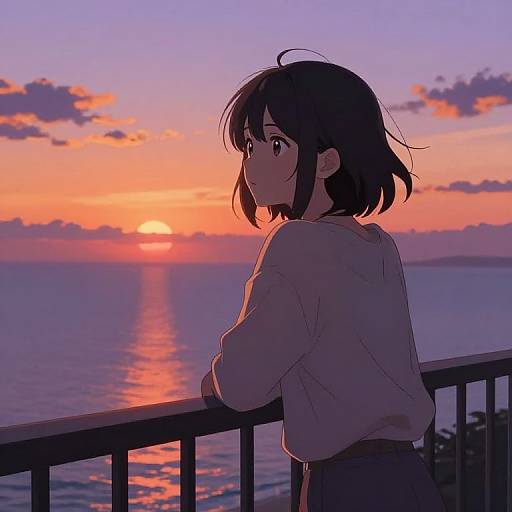 Anime Girl at Sunset Balcony
