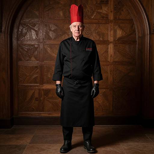 Photograph of elderly male chef standing in ornate wooden room, wearing black uniform, red hat, black gloves, serious expression.