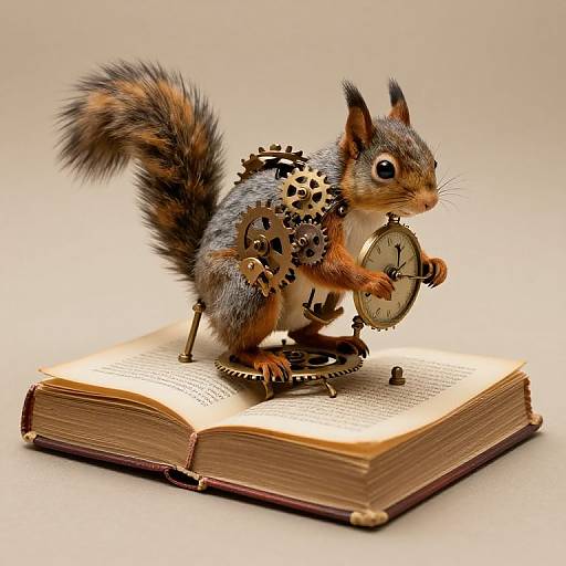 Photograph of a detailed, steampunk-style squirrel with gears and a clock on an open book, standing on a flat surface.