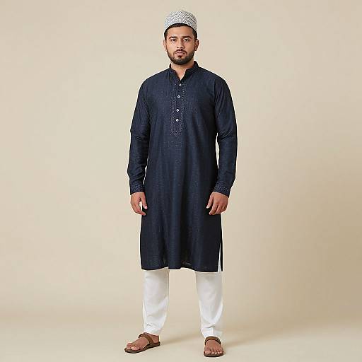 Photograph of a South Asian man with a beard, wearing a black qamis, white trousers, white cap, and brown sandals, standing against