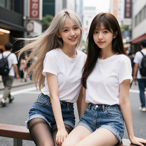 Two young women in white t-shirts and denim shorts in Tokyo