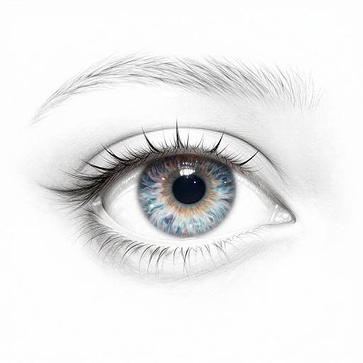 Close-up digital illustration of a blue-eyed human eye with detailed iris, black eyelashes, and fine eyebrow hairs against a white background.
