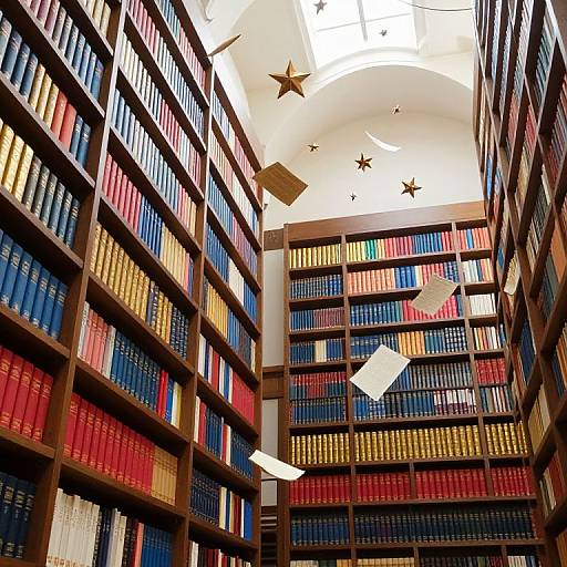 Vibrant Library with Floating Pages