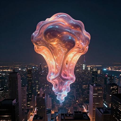 Photorealistic CGI of a glowing, ethereal, orange and pink cloud hovering over a dark, illuminated cityscape at night.