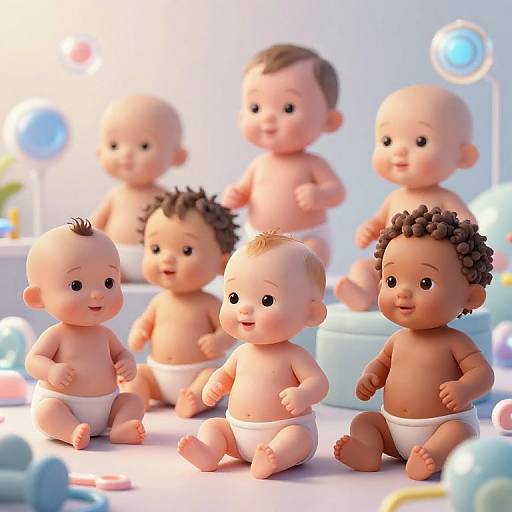 Photograph of six realistic baby dolls with various skin tones and hair textures, sitting in a brightly lit, soft-colored nursery.