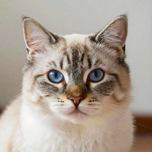 Close-up photograph of a fluffy, long-haired cat with striking blue eyes, light brown and white fur, and a curious expression.