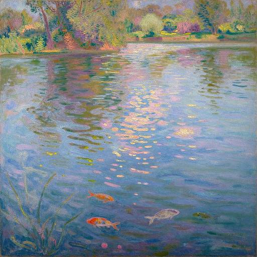 Impressionist painting of a vibrant lake with sunlit reflections, colorful fish in the water, and lush green trees in the background.
